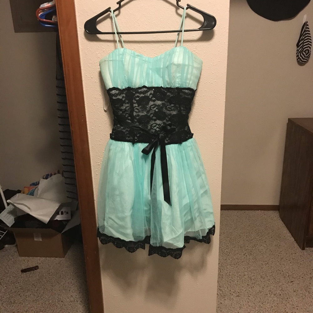 Mint and black lace and chiffon dress